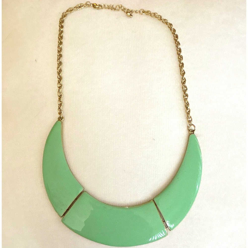Mint Green Enamel Bib Necklace Gold Tone Crescent Statement Jewelry